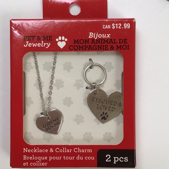 Silver Tone Pet Rescue Necklace & Collar Paw Print Heart Charm Set NWT - Picture 3 of 11